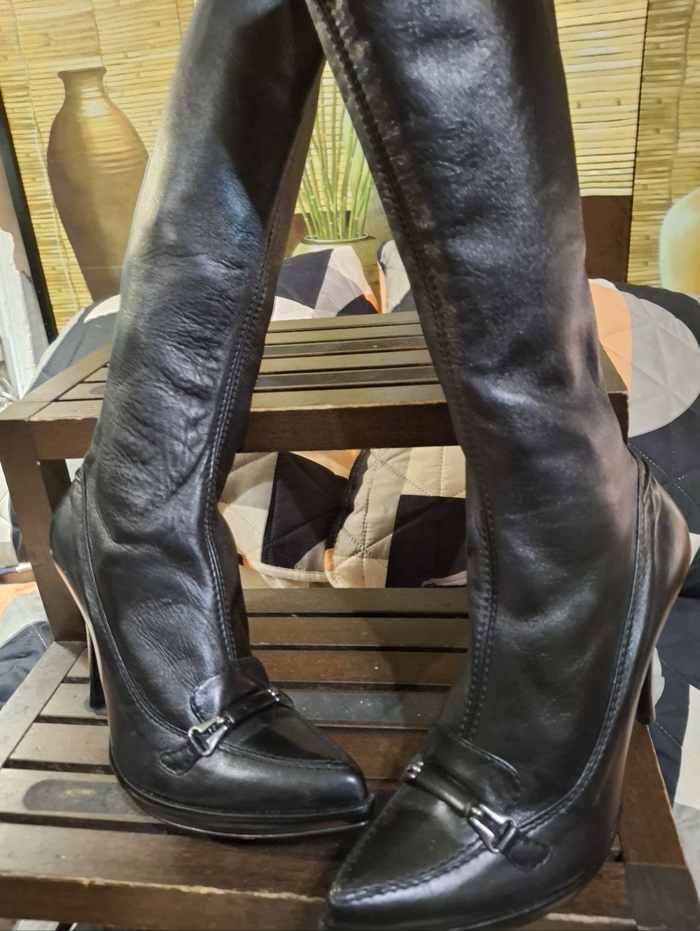 Gianni Bini Black Leather Knee-High Heeled Boots with Bit Detail